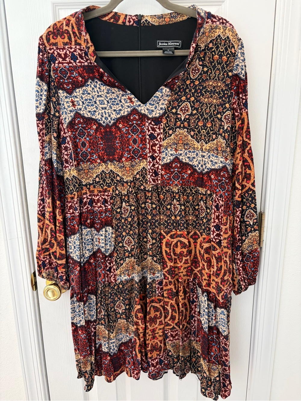 Jessica Howard Multicolor Patchwork V-Neck Long Sleeve Tunic Dress